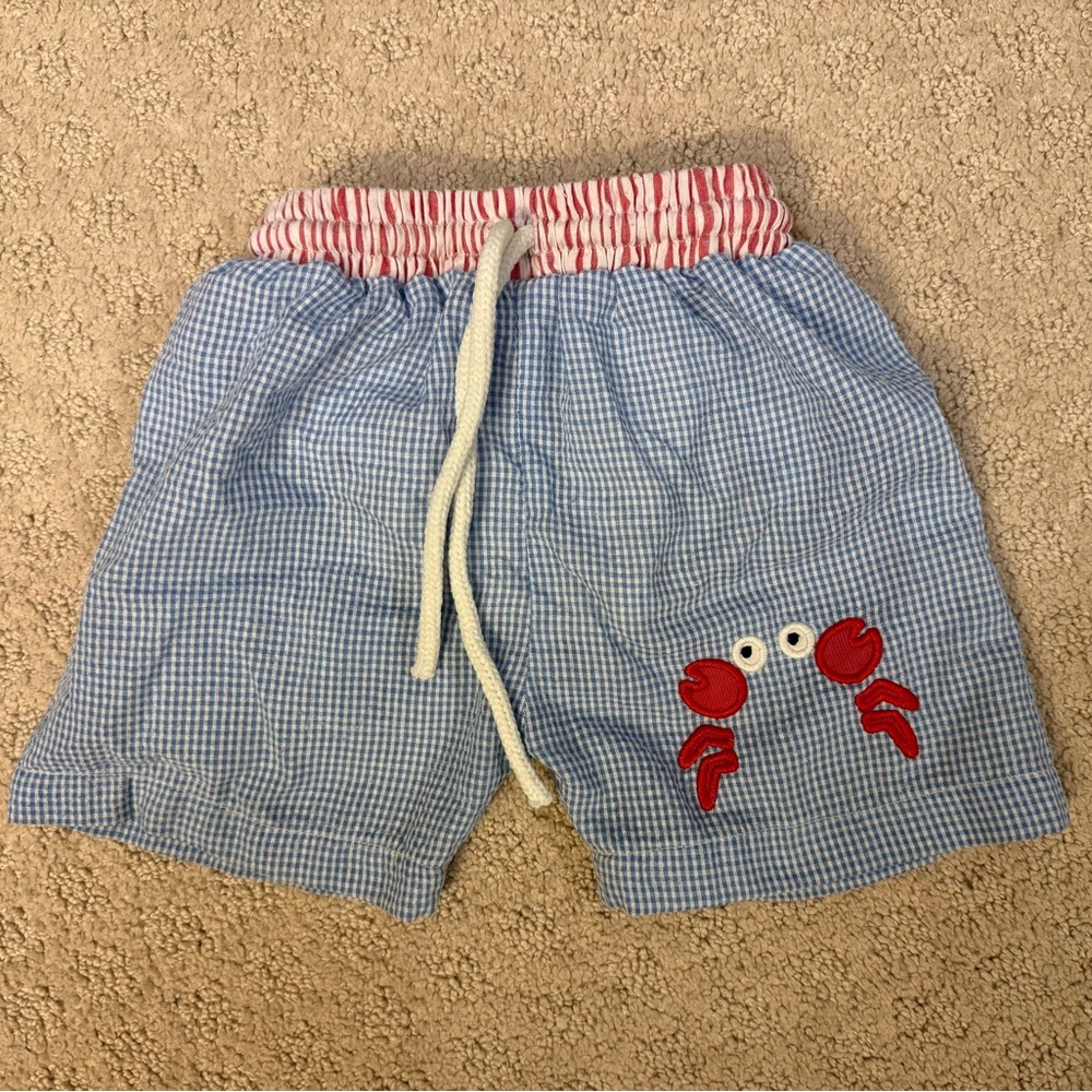 Eliza James Seersucker Crab Swim Trunks 18M Blue Gingham Red Stripe Nautical